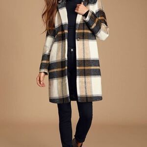 Cupcakes Cashmere Cher Check Plaid Blazer Coat Size Large Oversized White Tan